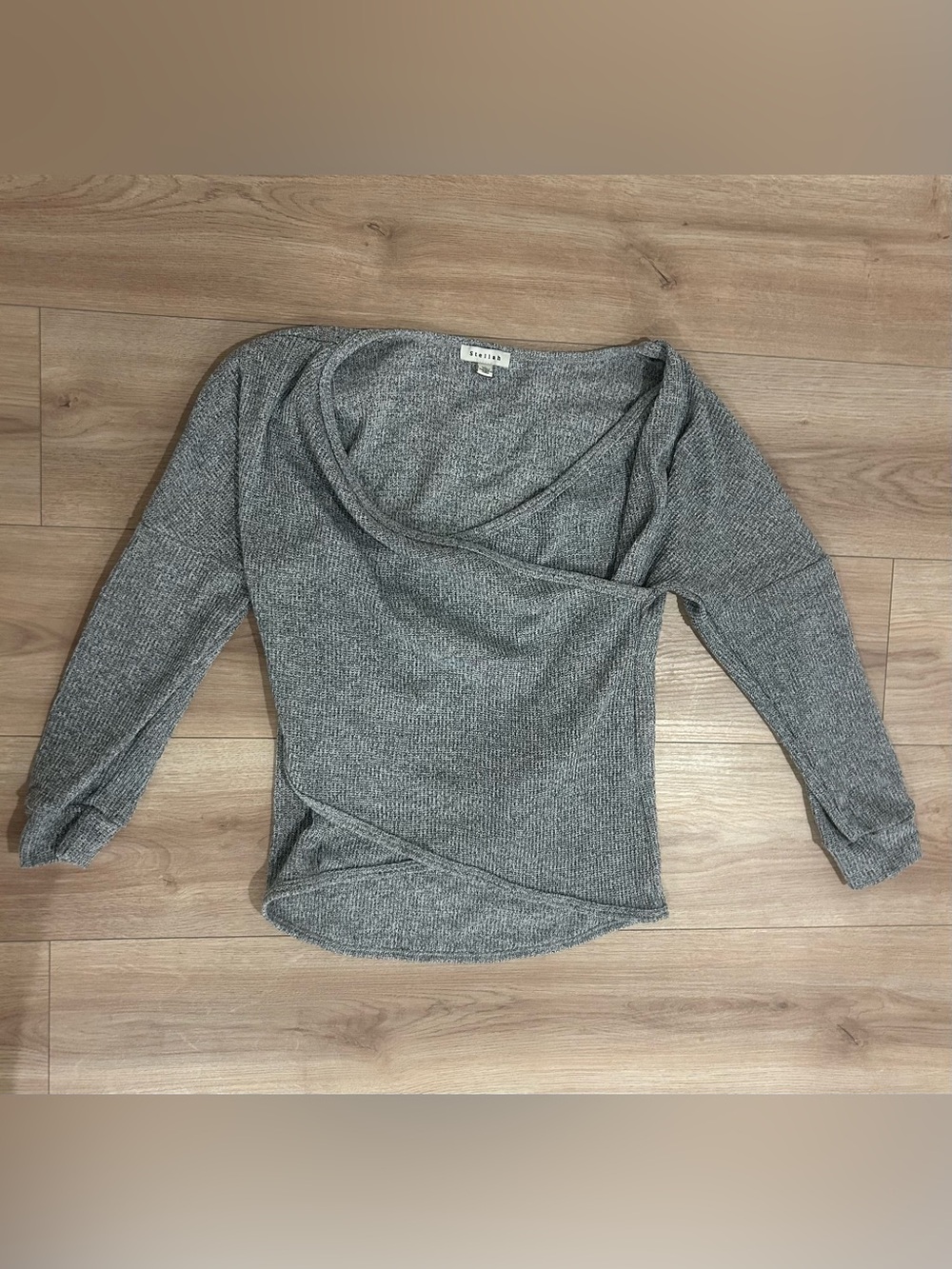 Stellah Grey Ribbed Wrap-Style Long Sleeve Top